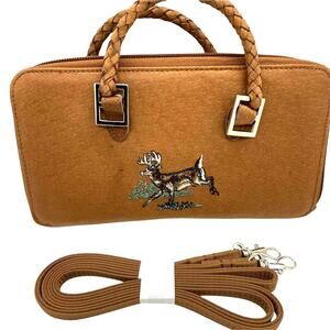 Deer Travel Wallet Purse Women's Tan Leather Double Handles Removable Strap